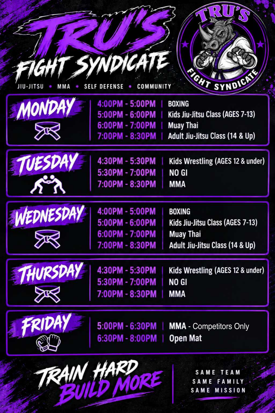 Tru's Fight Syndicate weekly class schedule flyer